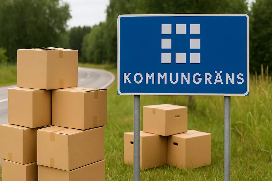 “Flyttkartonger vid vägskyltar som visar kommungräns – symboliserar flytt mellan olika kommuner med fokus på planering, transport och nytt bostadsområde”
